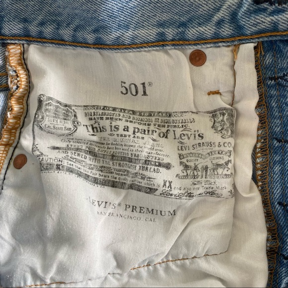 Levi’s Big E 501 Hi Rise Distressed, Destroyed Button-Fly Cut-Off Jean Shorts - Picture 9 of 15